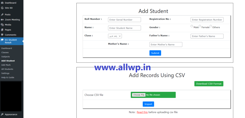 adding student in student result plugin in wordpress website
