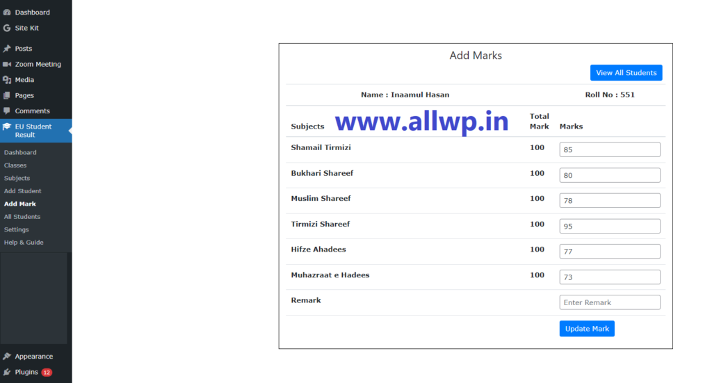 adding marks in student result plugin wordpress