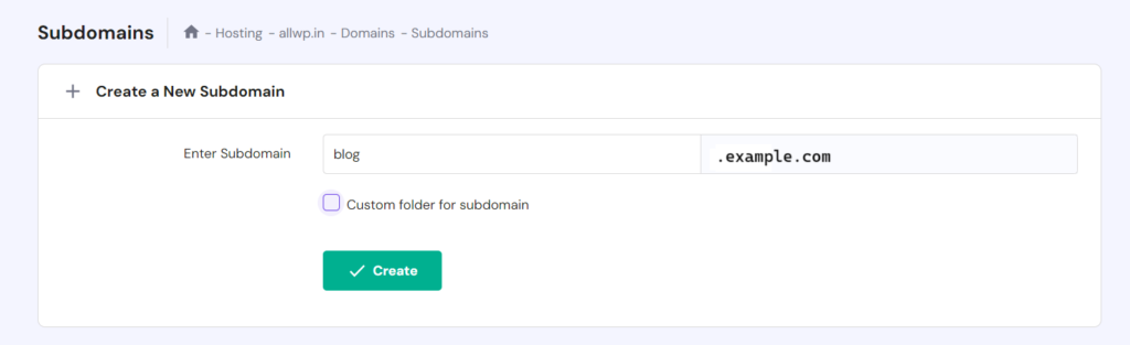 entering name of subdomain in hostinger